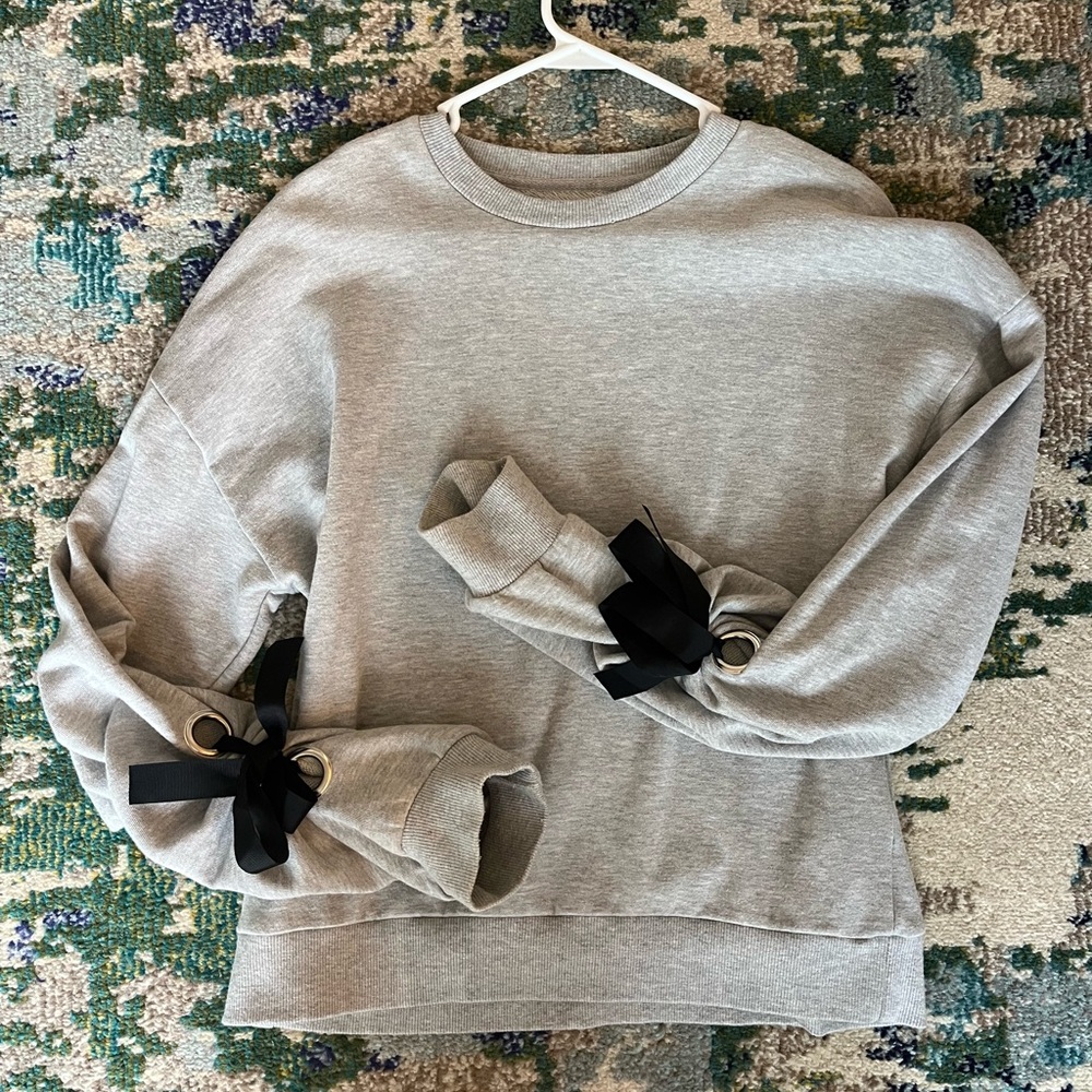 Elan Brand Grey Sweater with Black Bow Detail on Sleeves